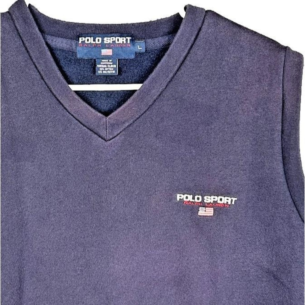 Vintage 90s Polo Sport Ralph Lauren Sweatshirt Vest Mens Large Blue V Neck Flag